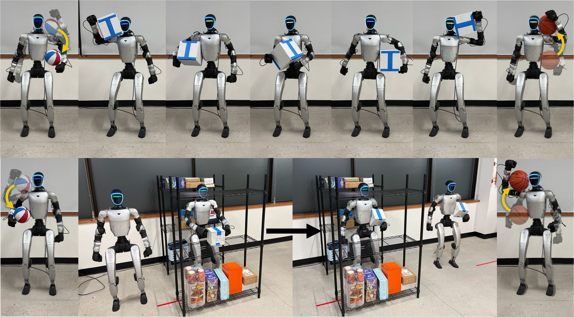 G1 humanoid repositioning a basketball and box across its body, and stowing a box under one arm during a shelf task